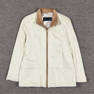 Vintage Beige Full Zip Leather Jacket Women’s Small Contrast Collar Lightweight